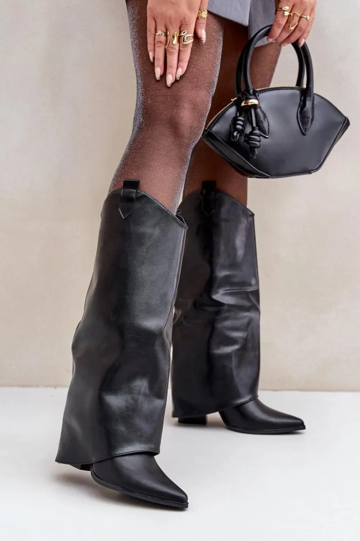 Boto Kozaki Przed Kolano|Kozaki Na Obcasie*Wsuwane Kozaki Z Wywiniętą Cholewką Na Słupku Czarne Rialivia