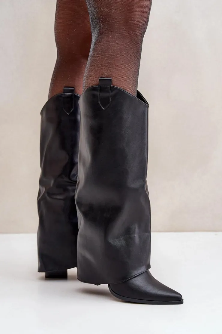 Boto Kozaki Przed Kolano|Kozaki Na Obcasie*Wsuwane Kozaki Z Wywiniętą Cholewką Na Słupku Czarne Rialivia