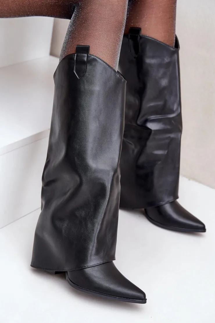 Boto Kozaki Przed Kolano|Kozaki Na Obcasie*Wsuwane Kozaki Z Wywiniętą Cholewką Na Słupku Czarne Rialivia