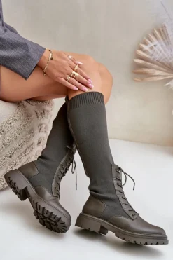 Damskie Boto Wsuwane Kozaki Ze Skarpetkową Cholewką Ciemnozielone Iranel