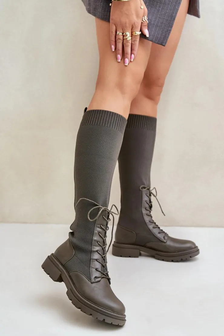 Damskie Boto Wsuwane Kozaki Ze Skarpetkową Cholewką Ciemnozielone Iranel