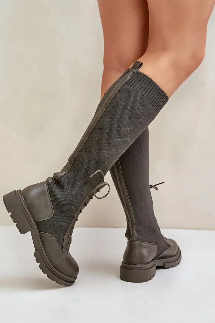 Damskie Boto Wsuwane Kozaki Ze Skarpetkową Cholewką Ciemnozielone Iranel