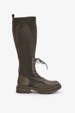 Damskie Boto Wsuwane Kozaki Ze Skarpetkową Cholewką Ciemnozielone Iranel