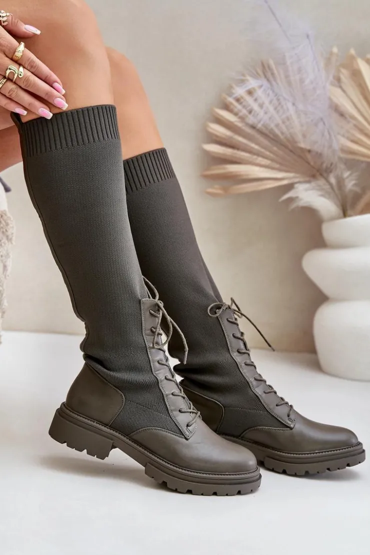 Damskie Boto Wsuwane Kozaki Ze Skarpetkową Cholewką Ciemnozielone Iranel