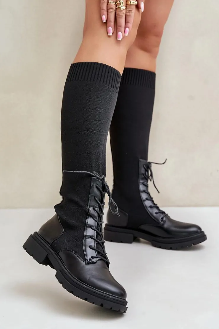 Boto Kozaki Ocieplane|Kozaki Wiosenne*Wsuwane Kozaki Ze Skarpetkową Cholewką Czarne Iranel Czarny