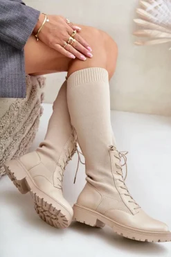 Boto Wsuwane Kozaki Ze Skarpetkową Cholewką Beżowe Iranel Beżowy