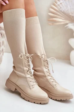 Boto Wsuwane Kozaki Ze Skarpetkową Cholewką Beżowe Iranel Beżowy