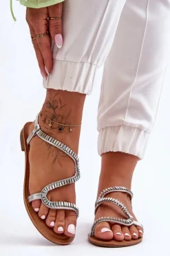 Boto Sandały Płaskie*Wsuwane Sandały Damskie Z Ozdobami Srebrne Hayen