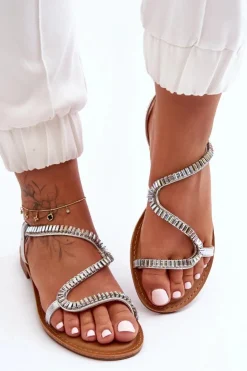 Boto Sandały Płaskie*Wsuwane Sandały Damskie Z Ozdobami Srebrne Hayen