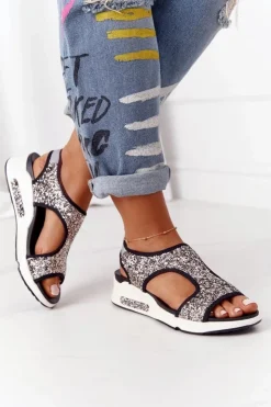 Damskie Damskie buty S.Barski Wsuwane Sandały Na Koturnie Srebrne Z Brokatem Zoey