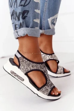 Damskie Damskie buty S.Barski Wsuwane Sandały Na Koturnie Srebrne Z Brokatem Zoey