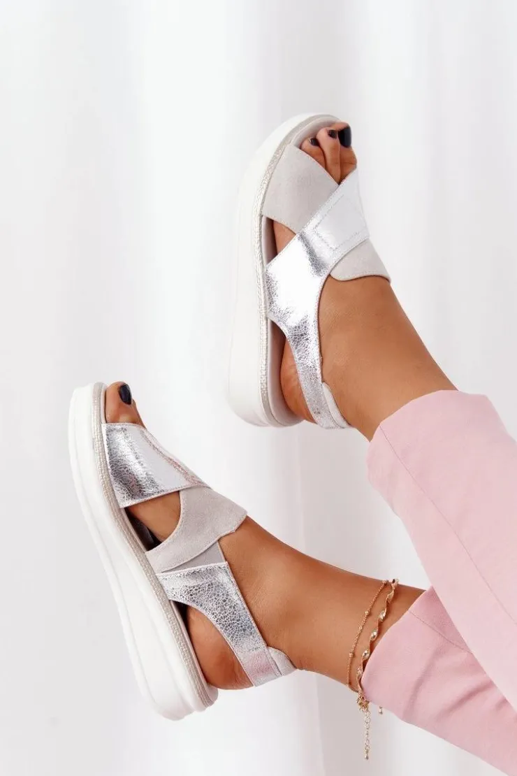 New Buty Sergio Leone Wsuwane Sandały Na Platformie Sergio Leone SK029 Biało-Srebrne