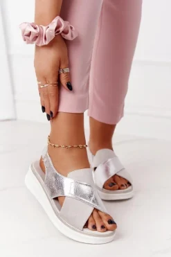 New Buty Sergio Leone Wsuwane Sandały Na Platformie Sergio Leone SK029 Biało-Srebrne