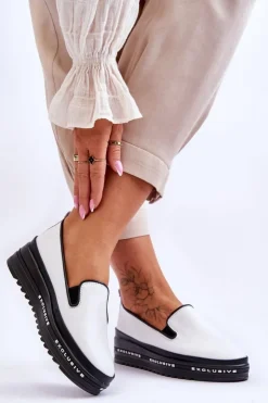 Damskie buty S.Barski Trampki Damskie Slip-On|Trampki Damskie Niskie*Wsuwane Skórzane Trampki Na Platformie Białe Madeline