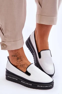 Damskie buty S.Barski Trampki Damskie Slip-On|Trampki Damskie Niskie*Wsuwane Skórzane Trampki Na Platformie Białe Madeline