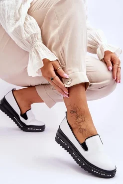 Damskie buty S.Barski Trampki Damskie Slip-On|Trampki Damskie Niskie*Wsuwane Skórzane Trampki Na Platformie Białe Madeline