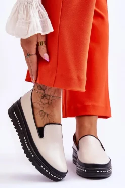 Damskie buty S.Barski Trampki Damskie Slip-On|Trampki Damskie Niskie*Wsuwane Skórzane Trampki Na Platformie Beżowe Madeline