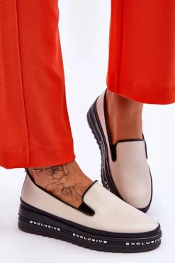 Damskie buty S.Barski Trampki Damskie Slip-On|Trampki Damskie Niskie*Wsuwane Skórzane Trampki Na Platformie Beżowe Madeline