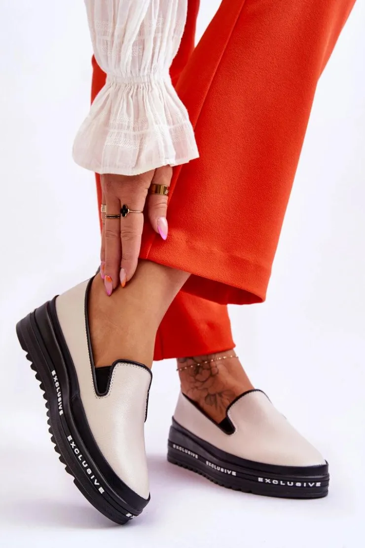 Damskie buty S.Barski Trampki Damskie Slip-On|Trampki Damskie Niskie*Wsuwane Skórzane Trampki Na Platformie Beżowe Madeline