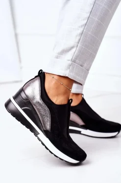 Buty damskie Vinceza Sneakersy Damskie*Wsuwane Sneakersy Na Koturnie Vinceza 10593 Czarno-Srebrne