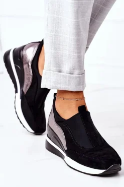 Buty damskie Vinceza Sneakersy Damskie*Wsuwane Sneakersy Na Koturnie Vinceza 10593 Czarno-Srebrne