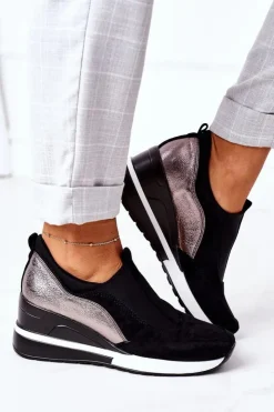 Buty damskie Vinceza Sneakersy Damskie*Wsuwane Sneakersy Na Koturnie Vinceza 10593 Czarno-Srebrne