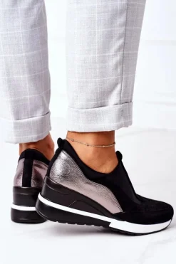 Buty damskie Vinceza Sneakersy Damskie*Wsuwane Sneakersy Na Koturnie Vinceza 10593 Czarno-Srebrne