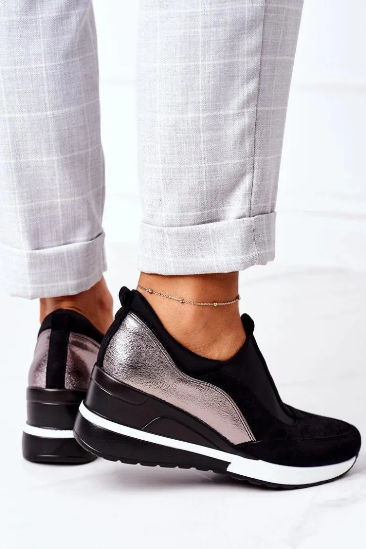 Buty damskie Vinceza Sneakersy Damskie*Wsuwane Sneakersy Na Koturnie Vinceza 10593 Czarno-Srebrne