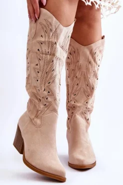 Boto Kozaki Ażurowe|Kozaki Przed Kolano*Wsuwane Zamszowe Ażurowe Kozaki Beżowe Elavi