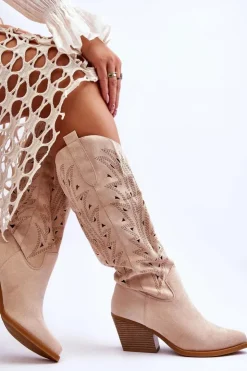 Boto Kozaki Ażurowe|Kozaki Przed Kolano*Wsuwane Zamszowe Ażurowe Kozaki Beżowe Elavi