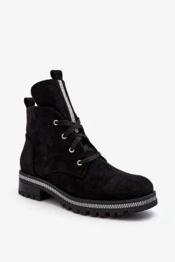 Damskie Boto Wsuwane Zamszowe Botki Damskie Ze Zdobieniem Czarne Plesca