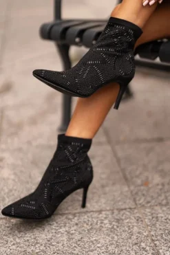 Damskie Boto Wsuwane Zdobione Botki Na Szpilce S.Barski HY42-161 Czarne