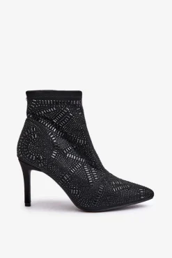 Damskie Boto Wsuwane Zdobione Botki Na Szpilce S.Barski HY42-161 Czarne