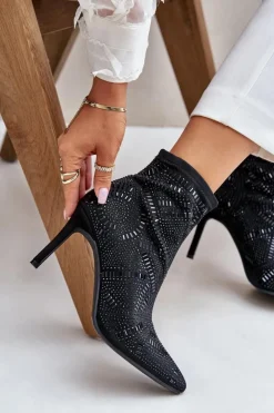 Damskie Boto Wsuwane Zdobione Botki Na Szpilce S.Barski HY42-161 Czarne