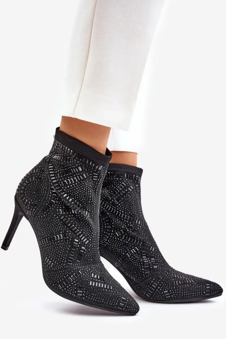 Damskie Boto Wsuwane Zdobione Botki Na Szpilce S.Barski HY42-161 Czarne