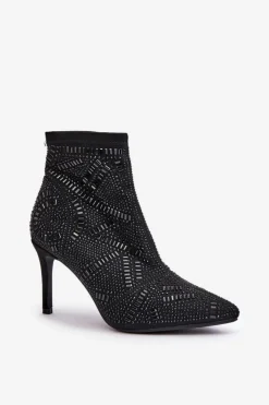 Damskie Boto Wsuwane Zdobione Botki Na Szpilce S.Barski HY42-161 Czarne