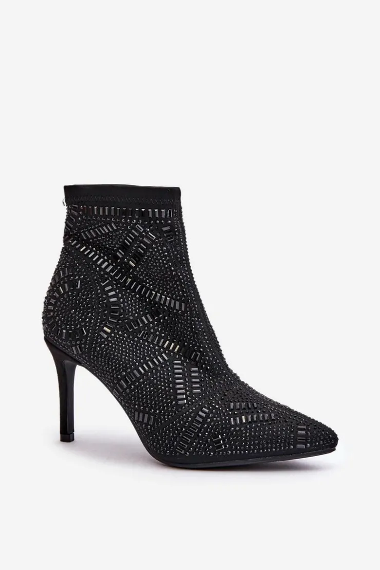 Damskie Boto Wsuwane Zdobione Botki Na Szpilce S.Barski HY42-161 Czarne