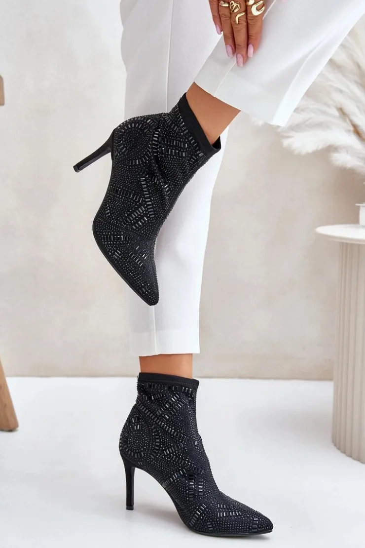 Damskie Boto Wsuwane Zdobione Botki Na Szpilce S.Barski HY42-161 Czarne