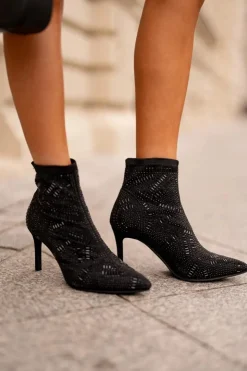 Damskie Boto Wsuwane Zdobione Botki Na Szpilce S.Barski HY42-161 Czarne