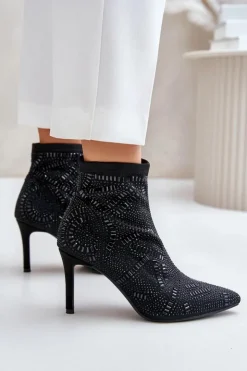 Damskie Boto Wsuwane Zdobione Botki Na Szpilce S.Barski HY42-161 Czarne