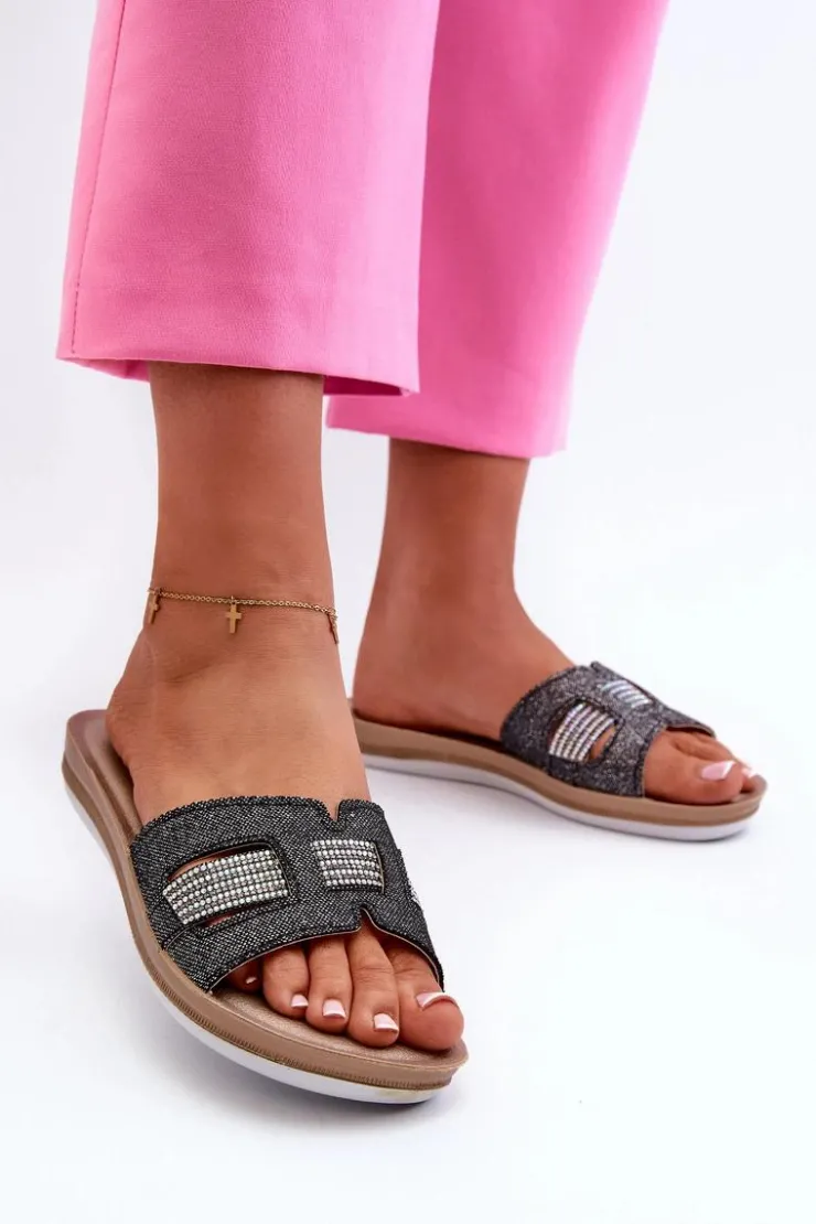 Damskie INBLU Wygodne Błyszczące Klapki Damskie BA000050 Czarne