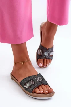 Damskie INBLU Wygodne Błyszczące Klapki Damskie BA000050 Czarne