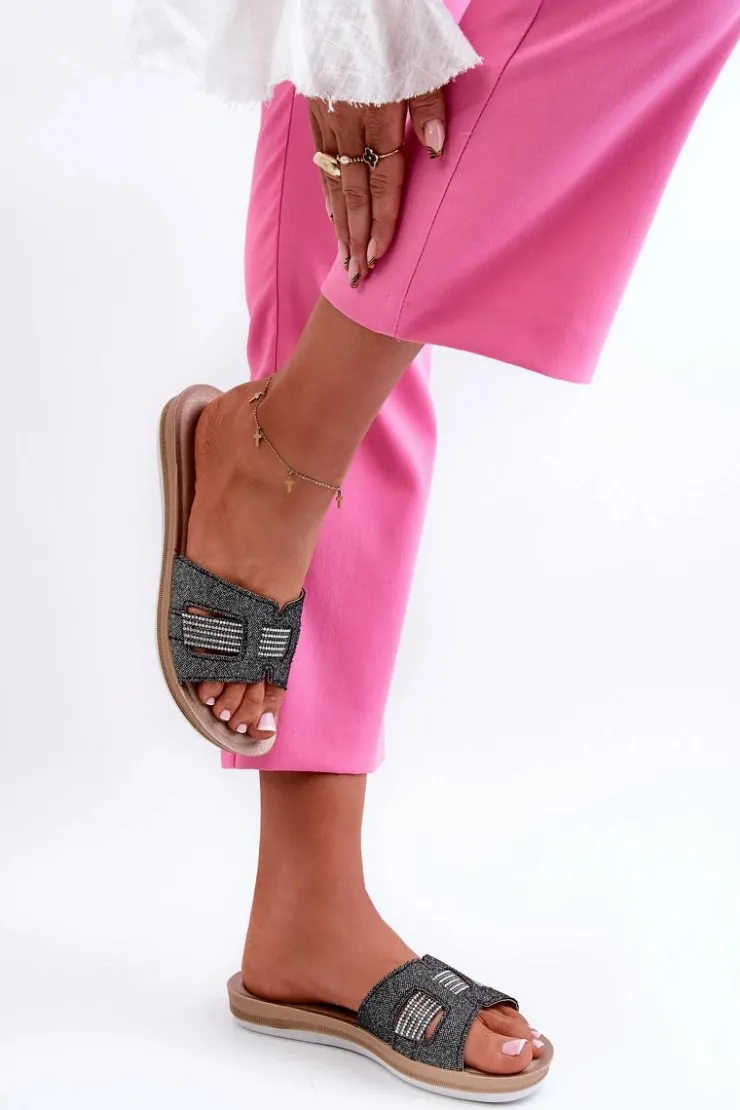 Damskie INBLU Wygodne Błyszczące Klapki Damskie BA000050 Czarne