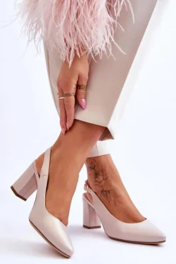 Buty Sergio Leone Wygodne Czółenka Na Słupku Sergio Leone SK162 Perłowe Beżowe