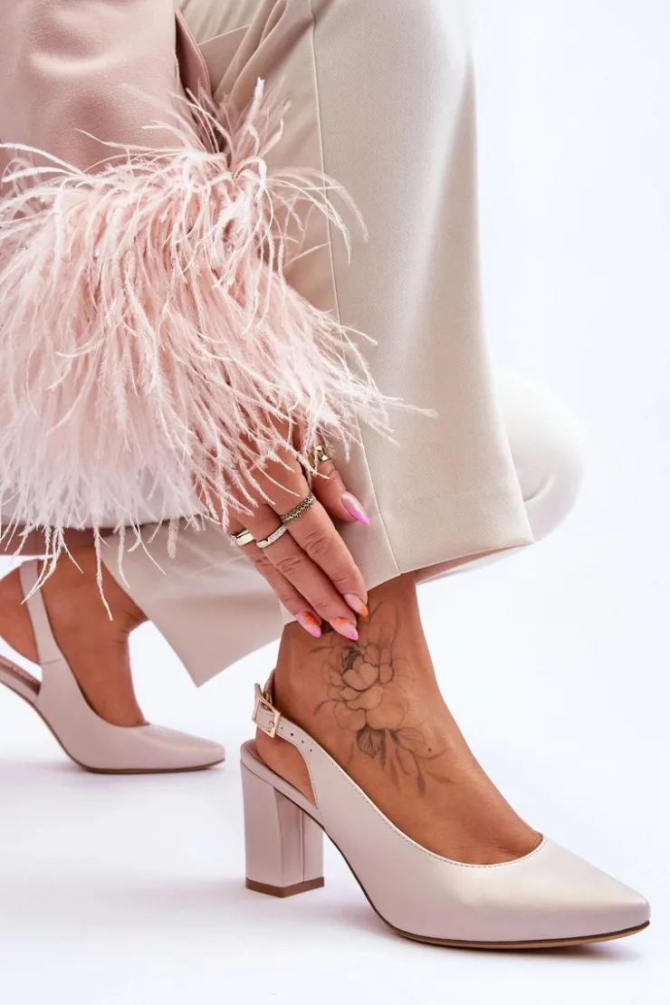 Buty Sergio Leone Wygodne Czółenka Na Słupku Sergio Leone SK162 Perłowe Beżowe