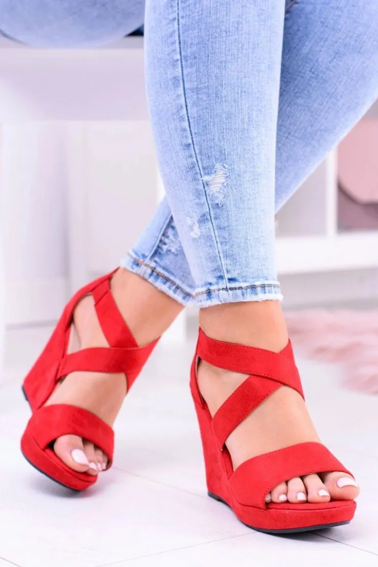 Damskie Boto Wygodne Damskie Czerwone Sandały Koturny Mirabet