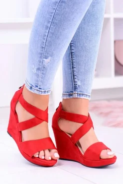 Damskie Boto Wygodne Damskie Czerwone Sandały Koturny Mirabet