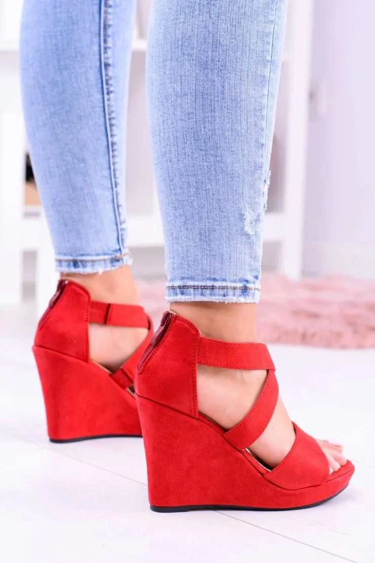 Damskie Boto Wygodne Damskie Czerwone Sandały Koturny Mirabet