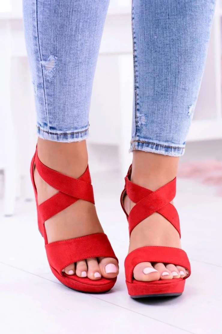 Damskie Boto Wygodne Damskie Czerwone Sandały Koturny Mirabet