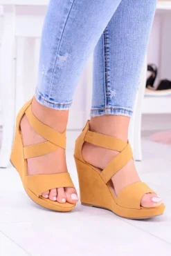 Damskie Boto Wygodne Damskie Żółte Sandały Koturny Mirabet